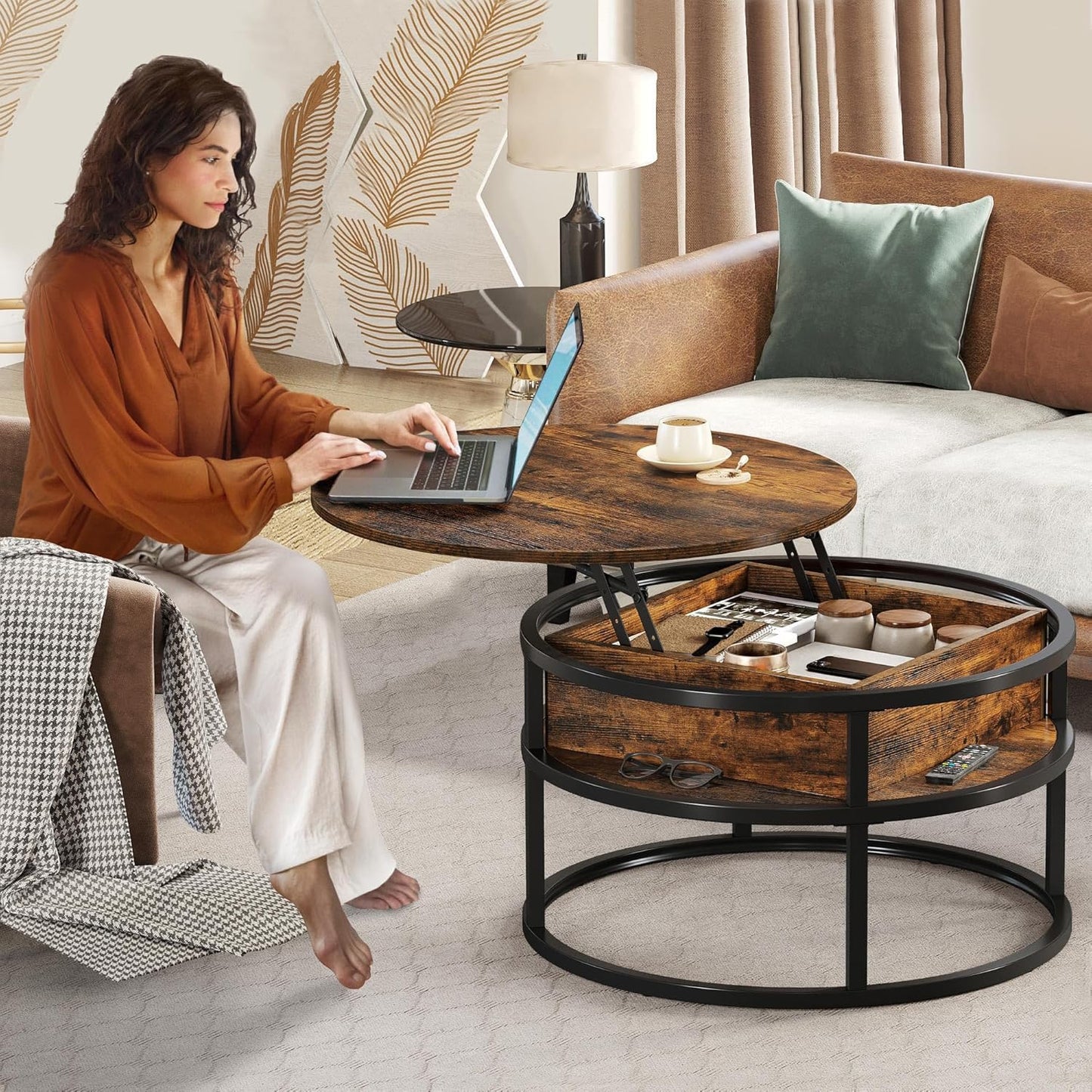 YITAHOME Coffee Table with Lift Top, lift up Coffee Table Round with Hidden Storage Compartment, 60x60x47cm