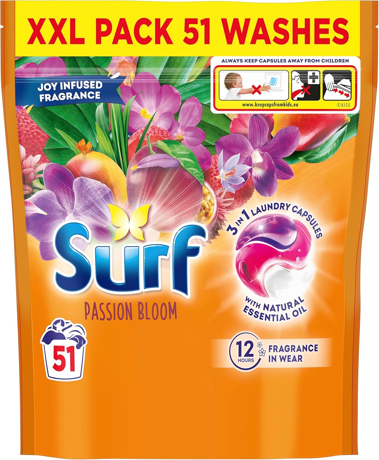 Surf 3 in 1 Passion Bloom Laundry Washing Detergent Capsules joy-infused fragrance with natural essential oil lasting up to 12 hours in wear for brilliantly clean results 51 washes