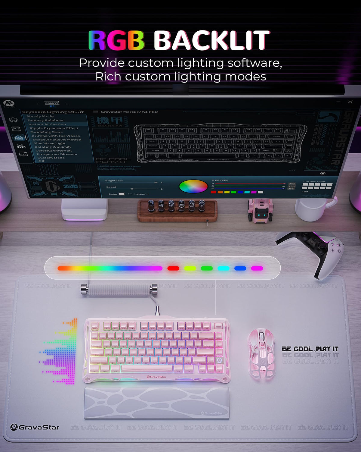 GravaStar Mercury K1 Mechanical Keyboard with Aluminium Frame, 75% Wireless Gaming Keyboard, Hot Swap Custom Keyboard with Button, Gasket, RGB Tri-Mode Keyboard, PBT Keycaps, 8000 mAh White