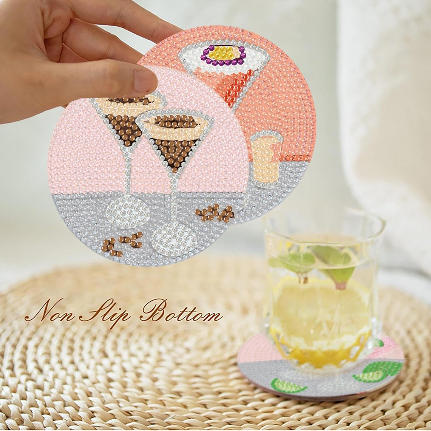 8Pcs Diamond Painting Coasters with Holder,DIY Cocktail Life Coaster Diamond Art Kits for Adults Kids,Beginners Round Full Drill Diamonds Art Craft Supplies