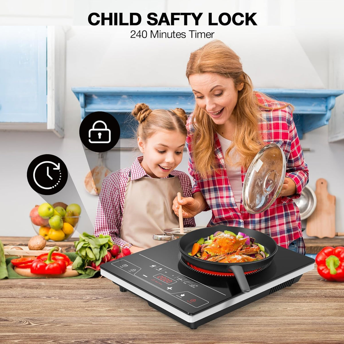 VBGK Portable Ceramic Hob, 2000W Pulg in Single Electric Hob, Portable Electric Hob with Digital LED Touch Controls, 10 Power Levels, 4-Hour Timer, Child Safety Lock, Black