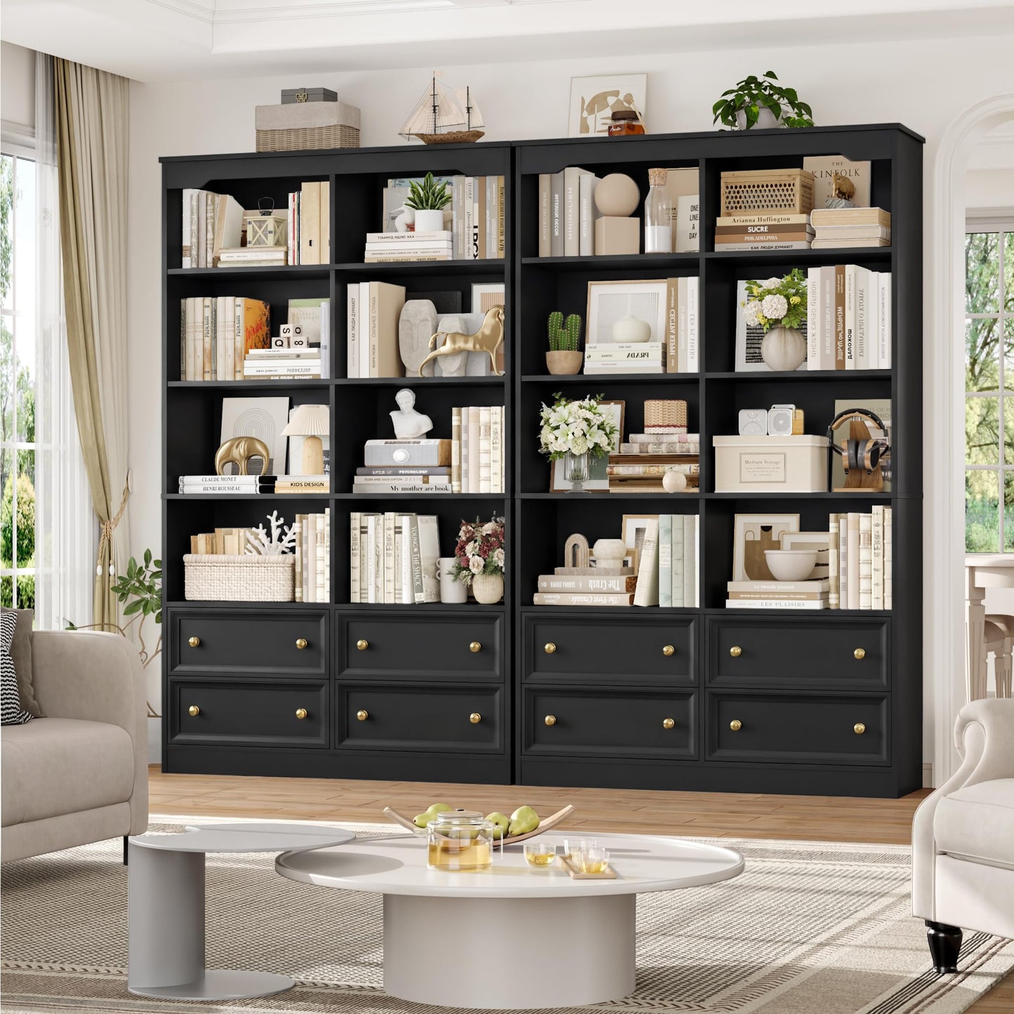 FirFurd Bookcase 180cm Tall Bookshelf with Drawers Living Room Bookcase 8 Open Compartments Free Standing Display Shelf Tall Shelving Unit for Home Office 180x100x30cm White