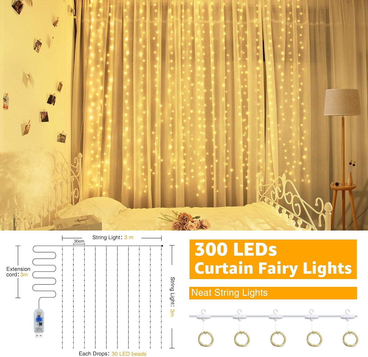 Ollny Curtain Fairy Lights, 300LED 3mx3m Waterfall Hanging String Lights