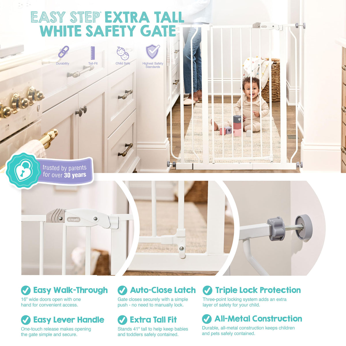 Regalo Safety 91.4cm Extra Tall Baby Gate for Doorways & Bottom of Stairs, Fits Openings 73.6-90cm (Extension Included), Pressure Mounted for Babies, Toddlers & Pets