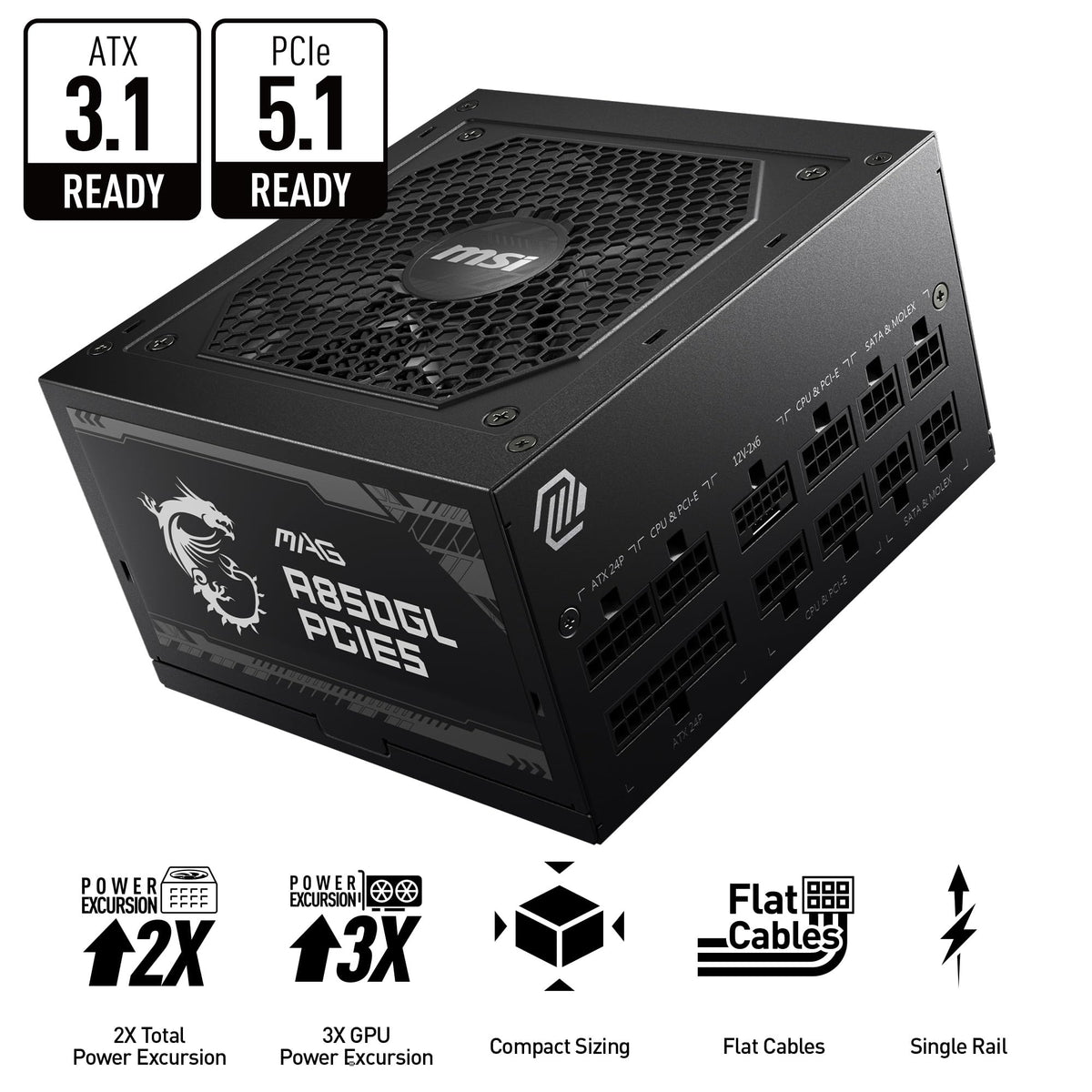 MSI MAG A750GL PCIE5 Power Supply Unit, 750W, 80 Plus Gold, Fully Modular, ATX 3.0, PCIe 5.0 GPU Support, 120mm FDB Fan, Full-Bridge LLC, Flat Black Cables - 7 Year Warranty