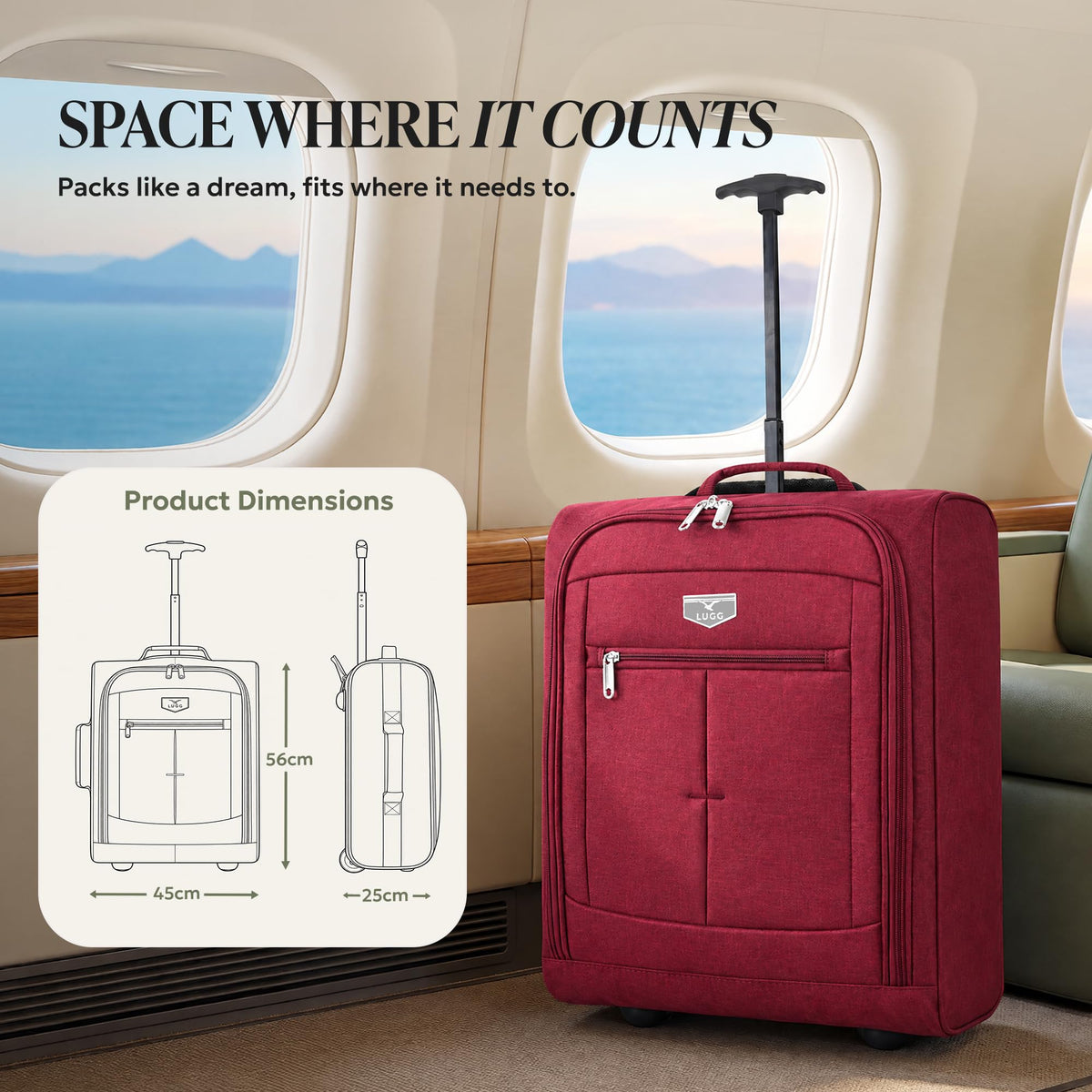 LUGG Lightweight Cabin Luggage, 600D Polyester, Solid Wheels, 45x36x20cm