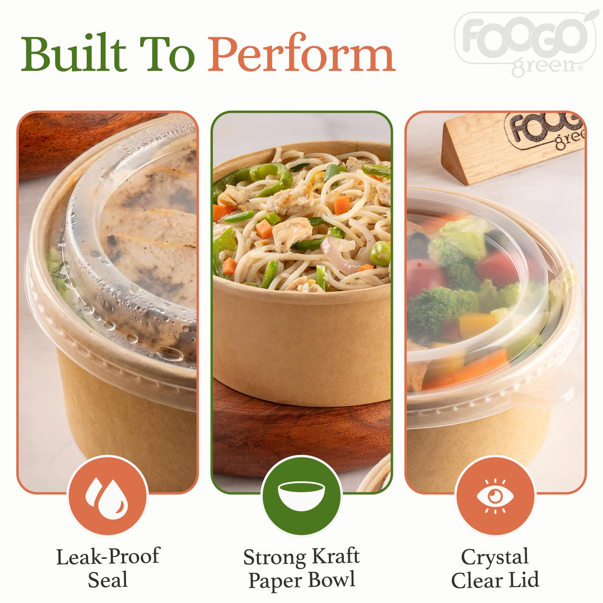 FOOGO Green 200Pcs 750ml 26oz Kraft Salad Bowls with Lids