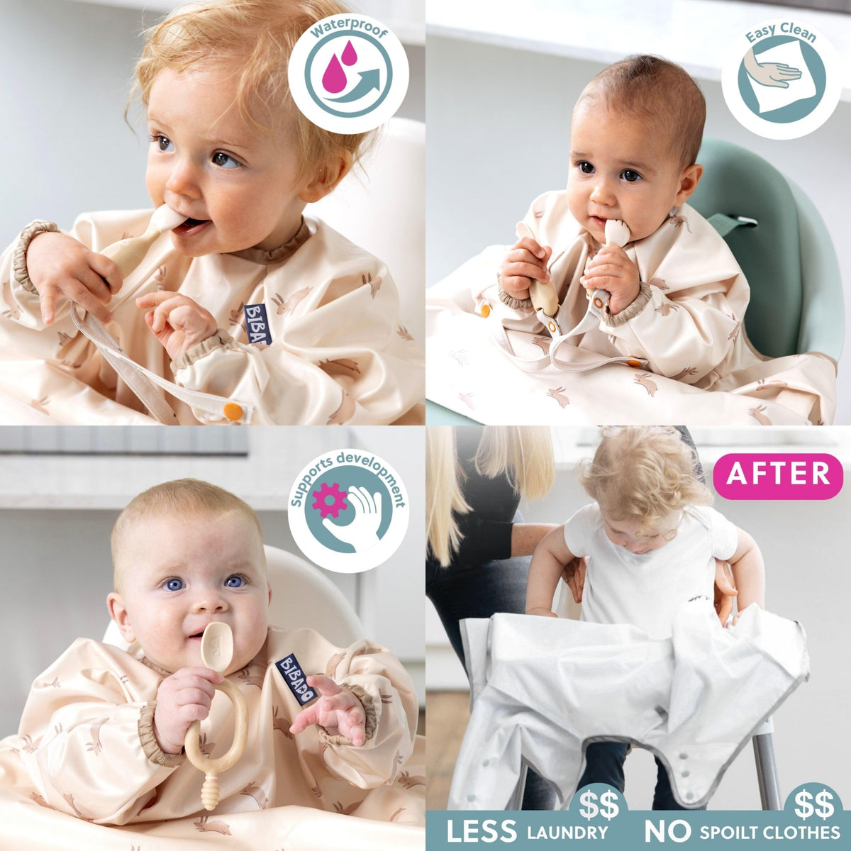BIBaDO Long Sleeve Baby Bibs - Coverall Weaning Bib with Highchair Strap