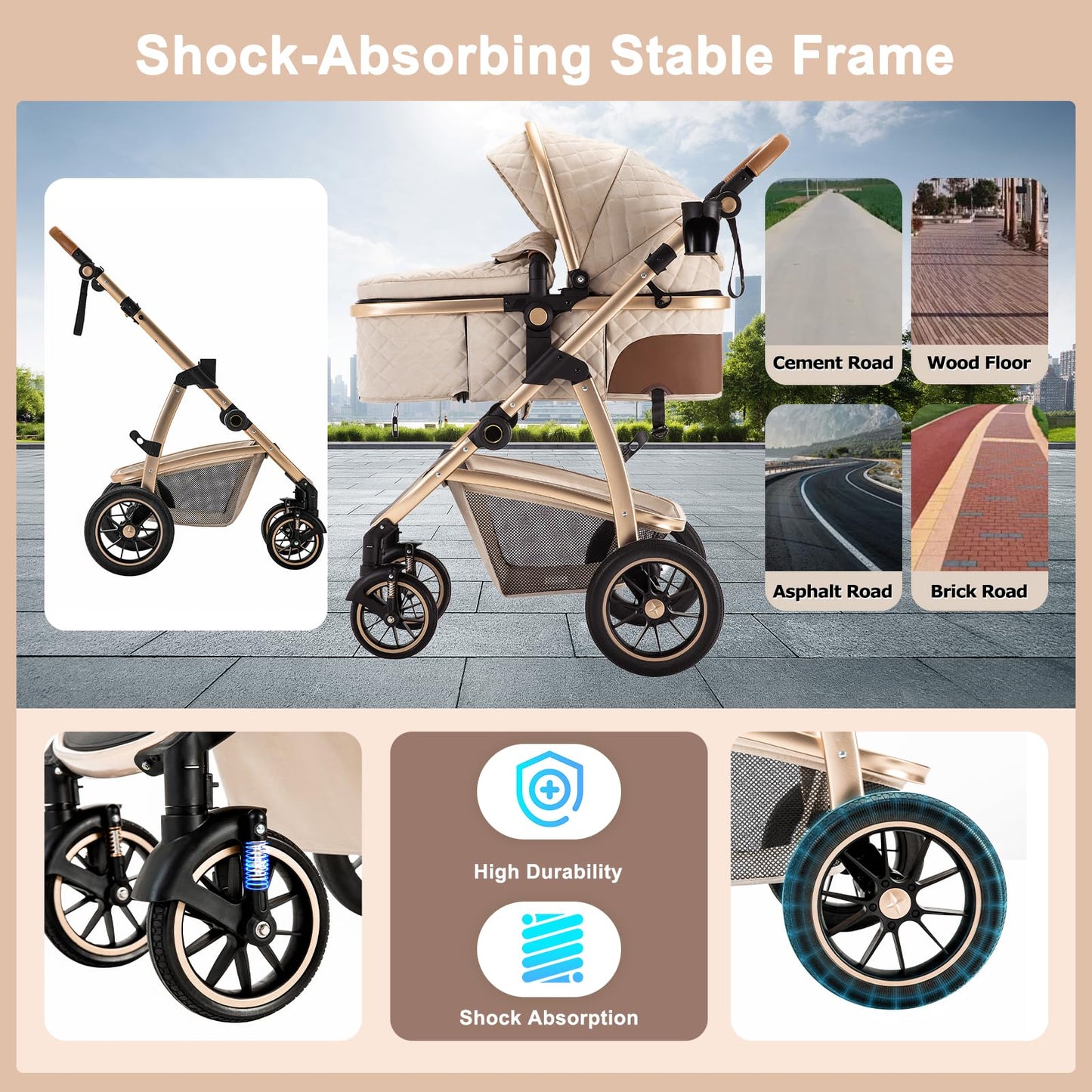 Baby Stroller 3 in 1,Travel Pushchair's Lie-Flat Pram is Foldable, Stroller System Handle is Adjustable, The Wheels are Made of PU Material, Suitable for 0-3 Years-Khaki