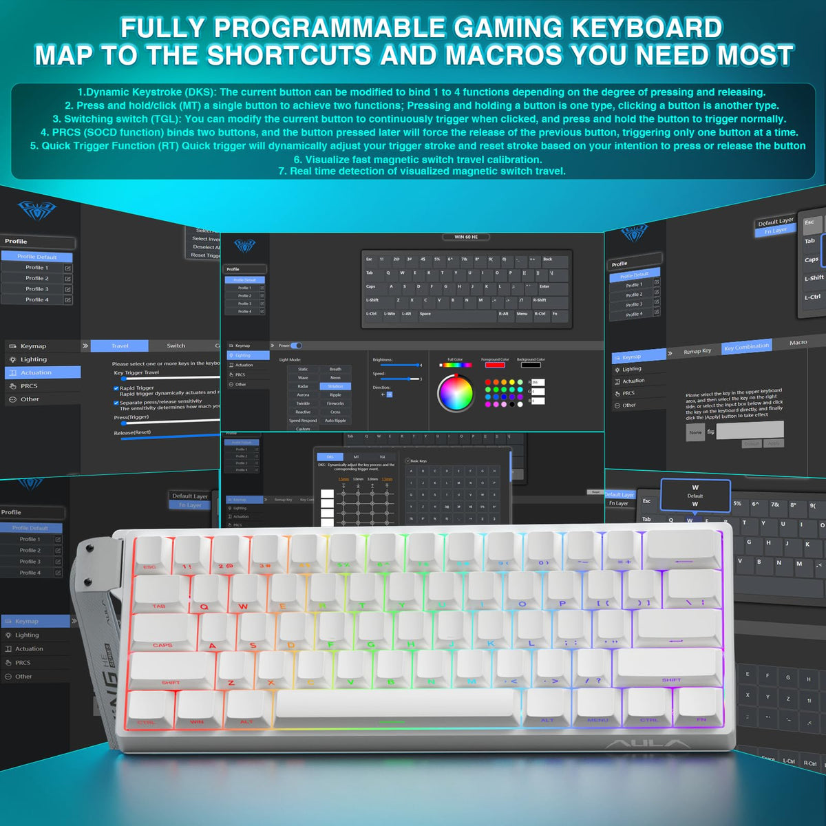 AULA WIN60 HE Mechanical Gaming Keyboard Wired,Hall Effect Magnetic Switches,Adjustable Actuation Rapid Trigger,8K Polling Rate,RGB Backlight,60% Percent Keyboard for Mac/Win (BLACK) (Pack of 2)