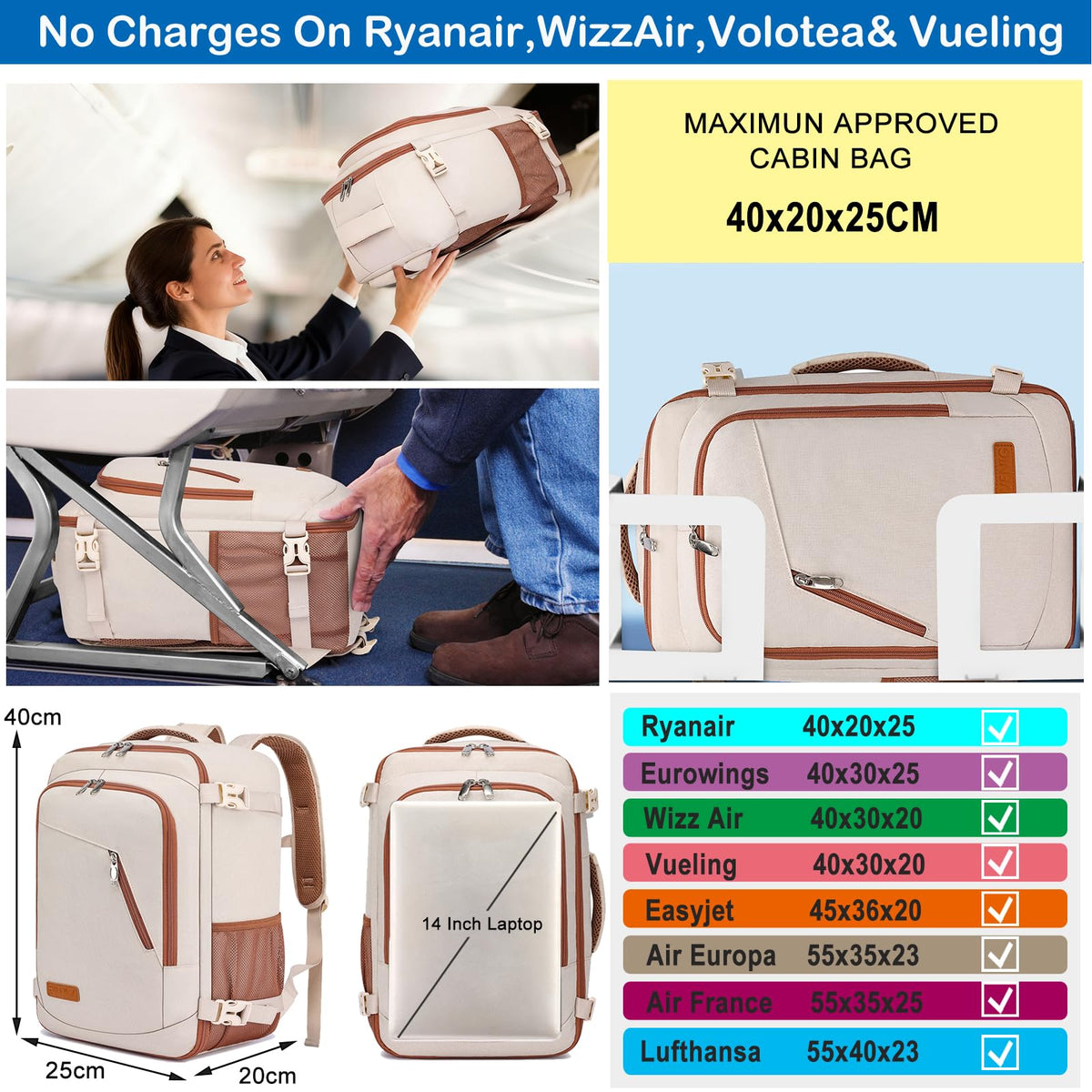 Ryanair Cabin Bags 40x30x20 Underseat 24L Small Travel Backpack Cabin Size