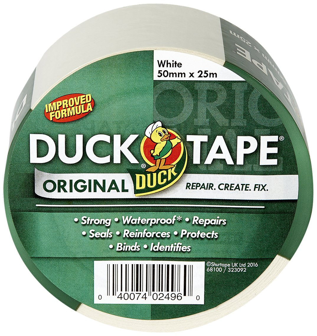 Duck Tape Original White Duct Tape, 50mm x 25m Heavy Duty, Waterproof Gaffer, Gaffa Sticky Tape, Strong Adhesive Cloth Repair Tape, Suitable for Packing boxes, Moving House, Parcels or Packaging