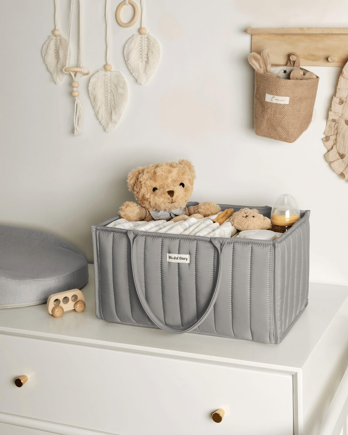 Blissful Diary Nappy Caddy Organiser, Baby Diaper Caddy for Nappy Station, Stylish Storage Basket for Newborn Essentials, Baby Shower Gifts for Girl or Boy, Woodland Cream