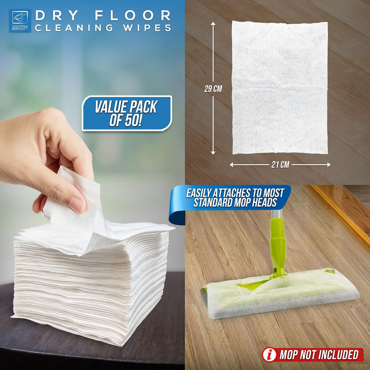 Pack of 50 Disposable Microfibre Electrostatic Floor Cloths for Flat Swivel Mop Multi Fitting Cleaning Wipes - 29cm x 21cm Fits Most Mops Like Swiffer Etc