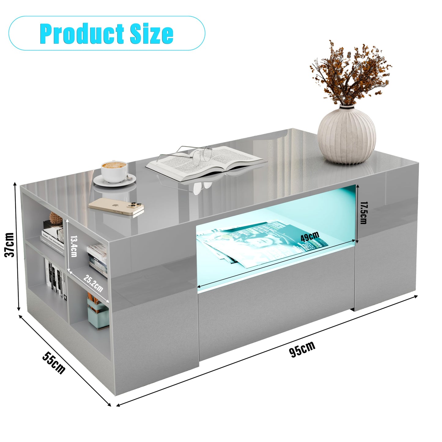 Blisswood Led Coffee Table with 2 Drawer Storage, High Gloss Coffee Table for Living Room Wooden Centre Table with RGB Led Lights Rectangle Tea Table for Living Room Furniture, Black