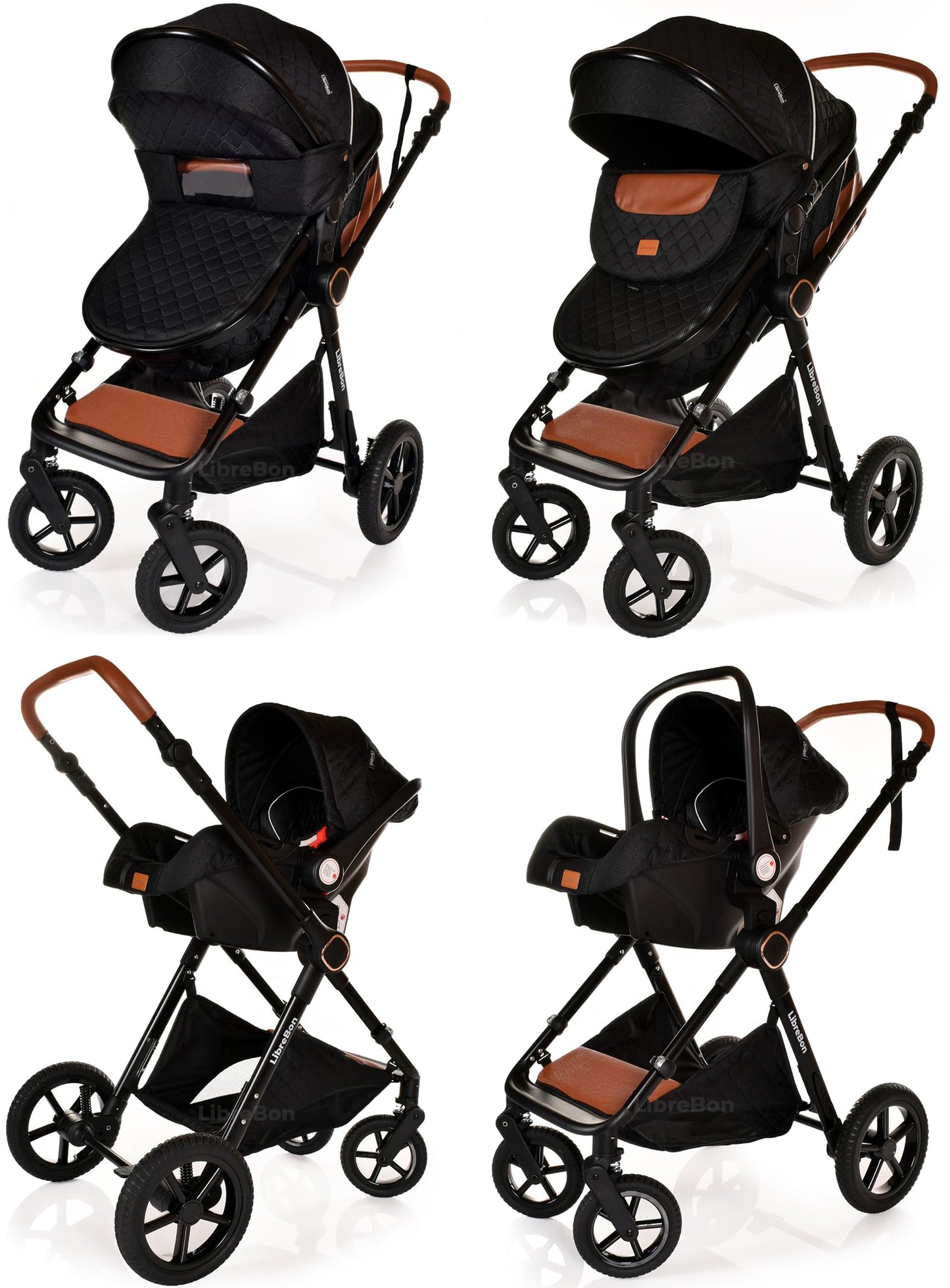 Baby Buggy Pram Pushchair Stroller 3 in 1 Child Lightweight Folding Stroller 3 in 1 Travel System Pram for Newborns & Toddlers from Birth Aluminum (Beige - Rose Gold Frame)