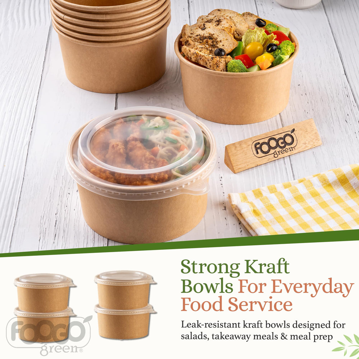 FOOGO Green 200Pcs 750ml 26oz Kraft Salad Bowls with Lids