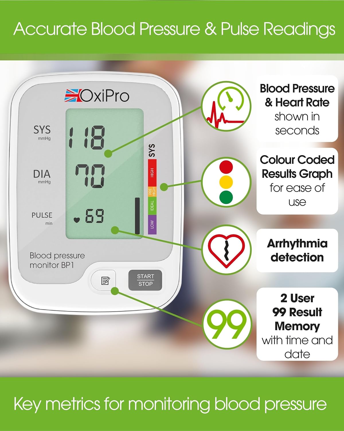 OxiPro BP1 Blood Pressure Monitors - Health & Pharma Recommended - BP Blood Pressure Machines for Home Use with Heart Rate Monitor & Large Cuff - Blood Pressure Monitors, White