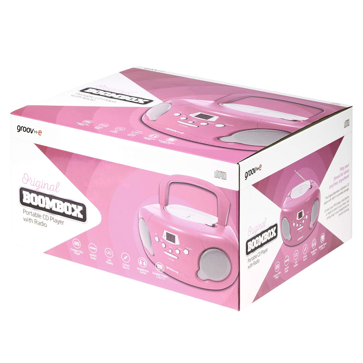 Groov-e Original Boombox - Portable CD Player with Bluetooth, Radio, 3.5mm Aux Port, & Headphone Socket - LED Display, 2 x 1.2W Speakers - Battery or Mains Powered - Black