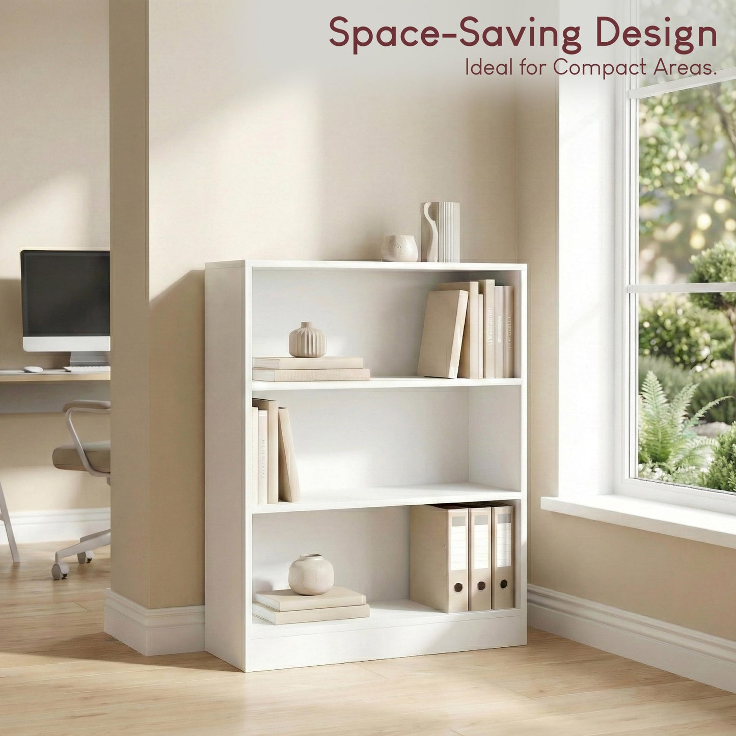 Vida Designs Cambridge 3 Tier Low Bookcase, White Wooden Shelving Display Storage Unit Office Living Room Furniture