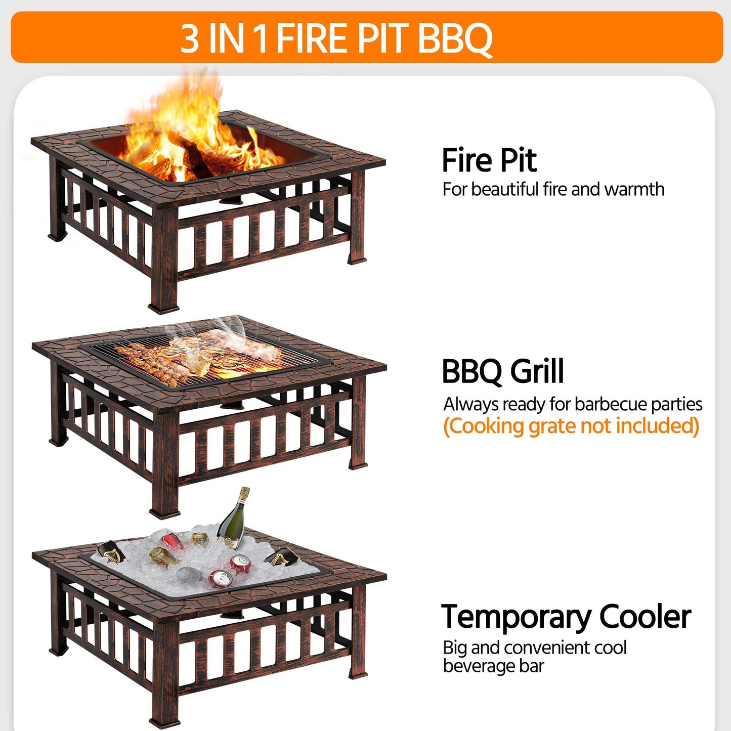 Yaheetech Outdoor Fire Pit 81cm Square Fire pits 3-in-1 Heat-resistant Metal Garden Stove for Barbecue, Heating, Cooling Drinks with Cover & Poker, Black