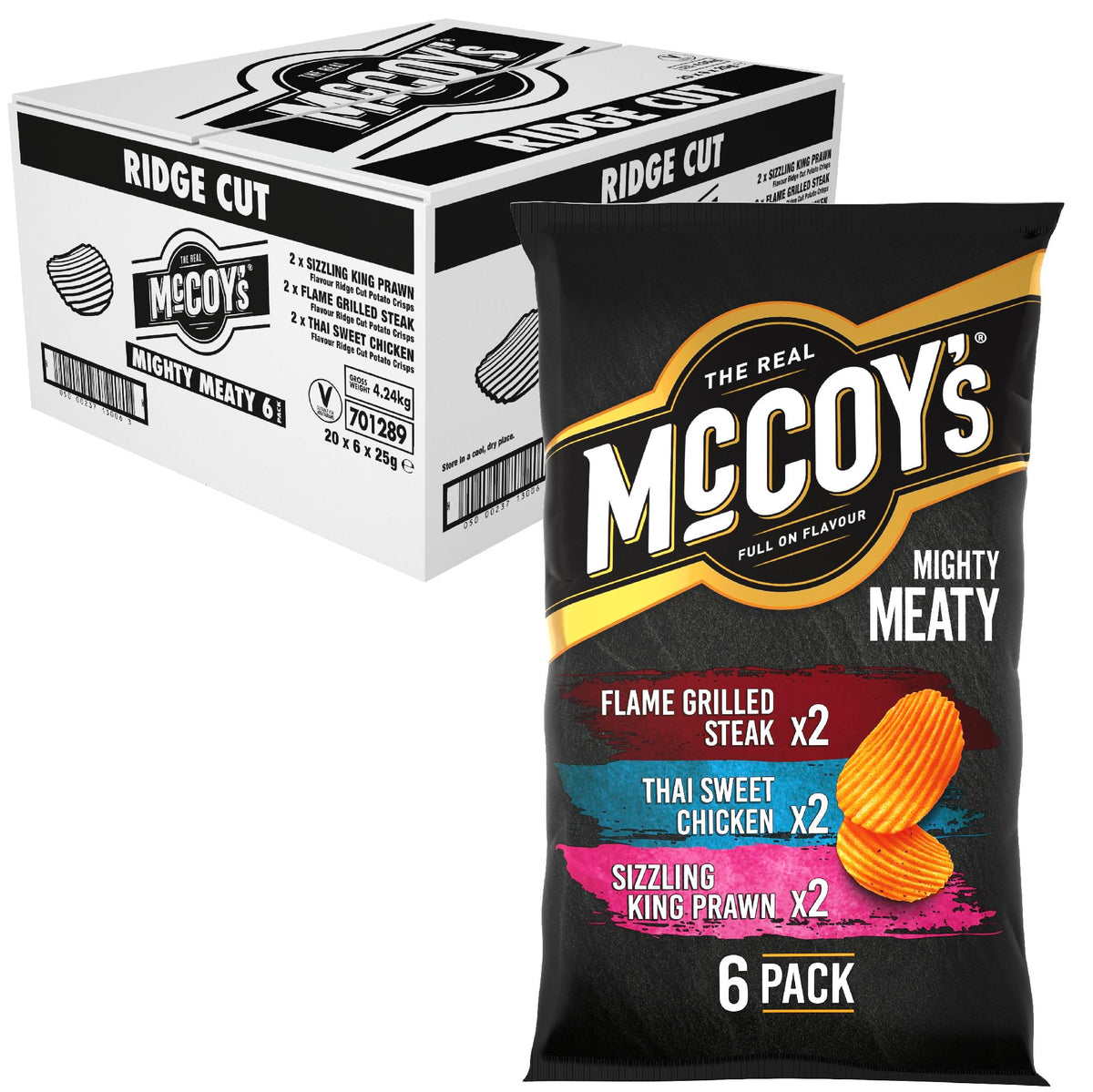 McCoy's Sizzling King Prawn Multipack Crisps 6 Pack (Multipack BOX of 20) - Fully loaded with flavour, iconic ridged crisp, unmistakable crunch