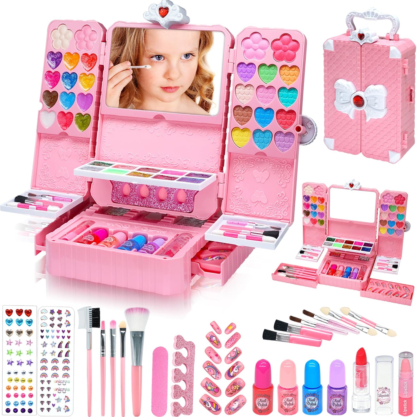 Kids Makeup Sets for Girls Toys - 74PCS Washable Makeup for Kids with Mirror, Real Dressing Table with Stand, Princess Play Makeup Kit Perfect for 3 4 5 6 7 8-12 Year Old Girls Birthday & Christmas