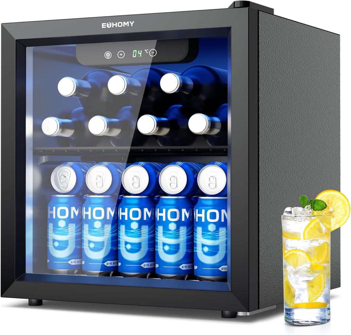 EUHOMY Beer Fridge with Glass Door, Mini Drinks Fridge 55 Can, Wine Fridge with Blue LED, Beverage Refrigerators, Removable Shelves for Bar/Home/Office/Dorm, Black, 36 L [Energy Class G]