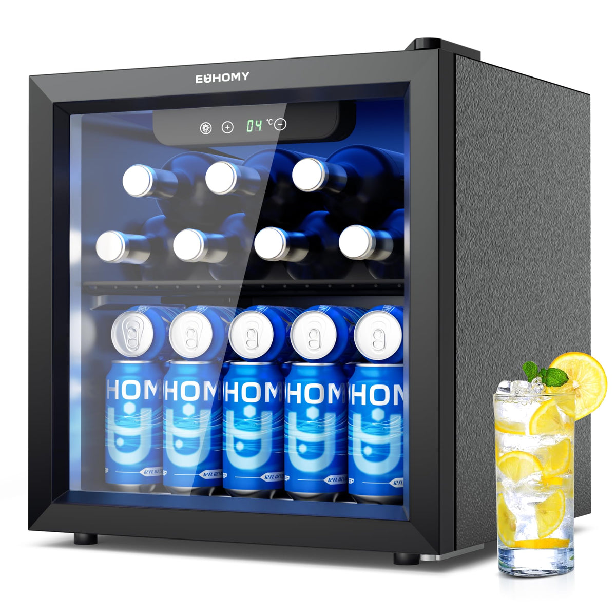EUHOMY 93L Drinks Fridge, 126 Can Beer Fridge with Glass Door, Wine fridge with Adjustable Shelves for Soda Beer or Wine, Home/Bar/Office, Black, Steel, One-Touch Control [Energy Class F]