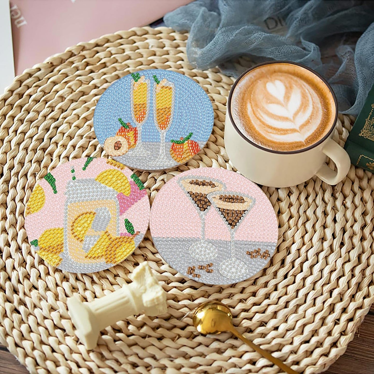 8Pcs Diamond Painting Coasters with Holder,DIY Cocktail Life Coaster Diamond Art Kits for Adults Kids,Beginners Round Full Drill Diamonds Art Craft Supplies
