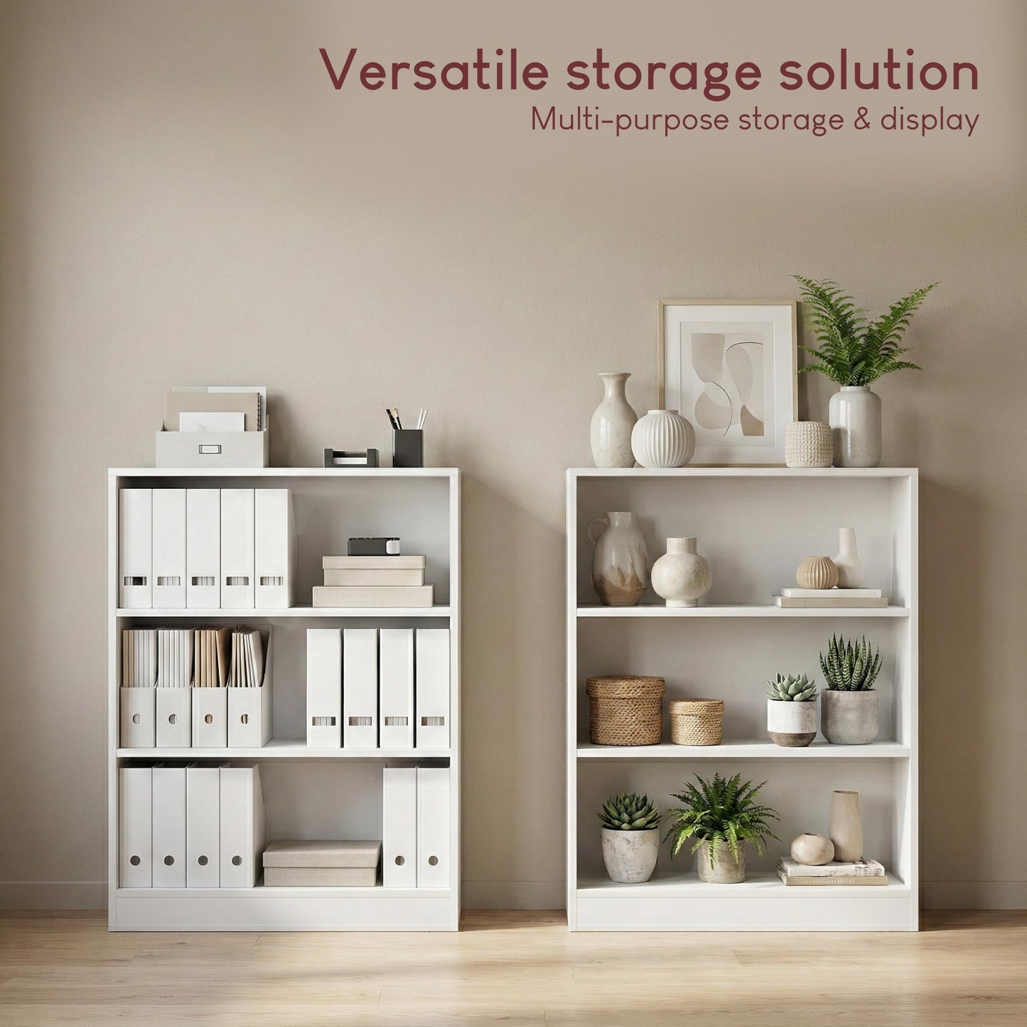Vida Designs Cambridge 3 Tier Low Bookcase, White Wooden Shelving Display Storage Unit Office Living Room Furniture