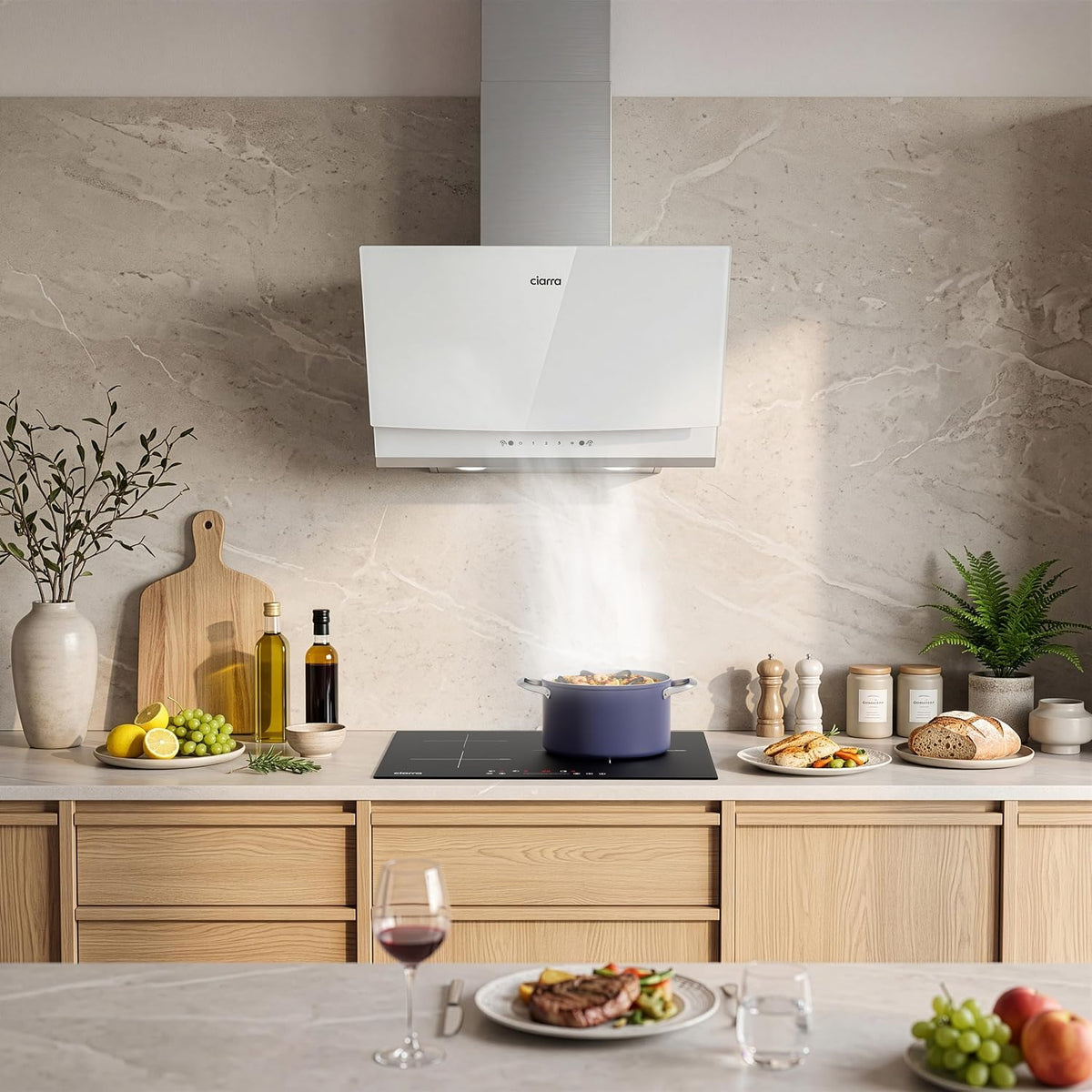 CIARRA 60cm White Angled Cooker Hood, Gesture Control, A+++, CBCW6736A