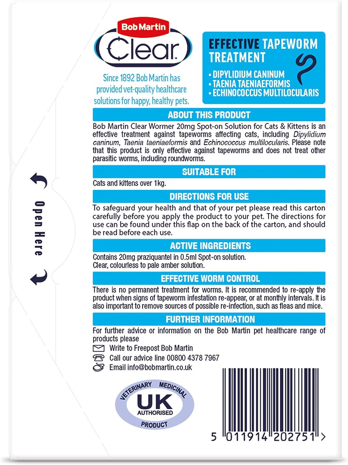 Bob Martin Clear | Spot On Wormer for Cats & Kittens | 100% Effective Tapeworm Treatment (2 Pipettes)