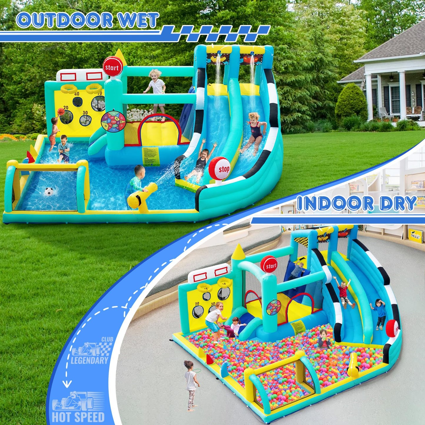 Inflatable Bouncy Castle with Slide Trampoline and Ball Pit, Bounce House Indoor Outdoor with Air Blower for Toddler Garden Park Backyard Party Wedding Birthday Gift, 470 x 400 x 220 cm