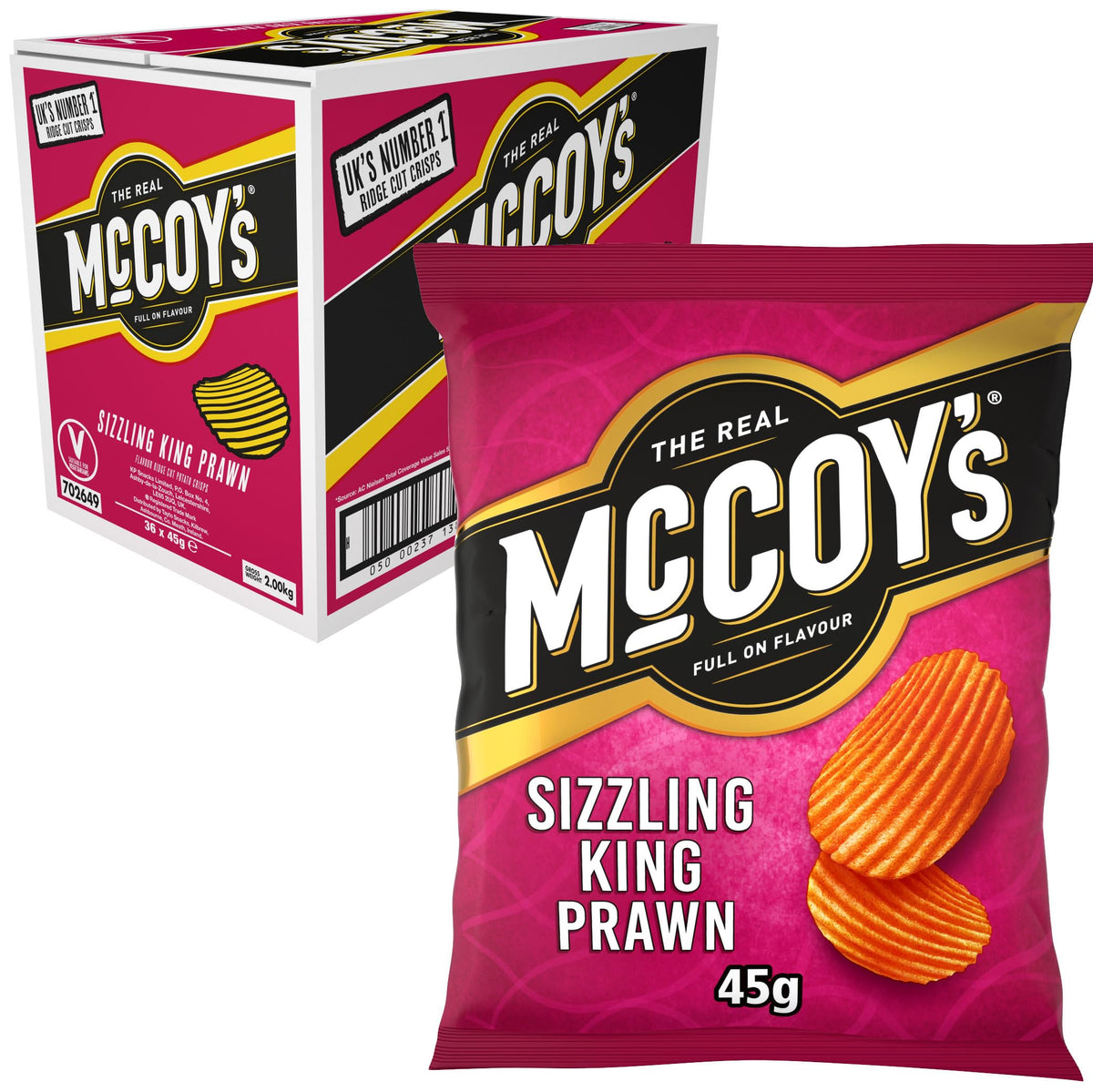 McCoy's Sizzling King Prawn Multipack Crisps 6 Pack (Multipack BOX of 20) - Fully loaded with flavour, iconic ridged crisp, unmistakable crunch