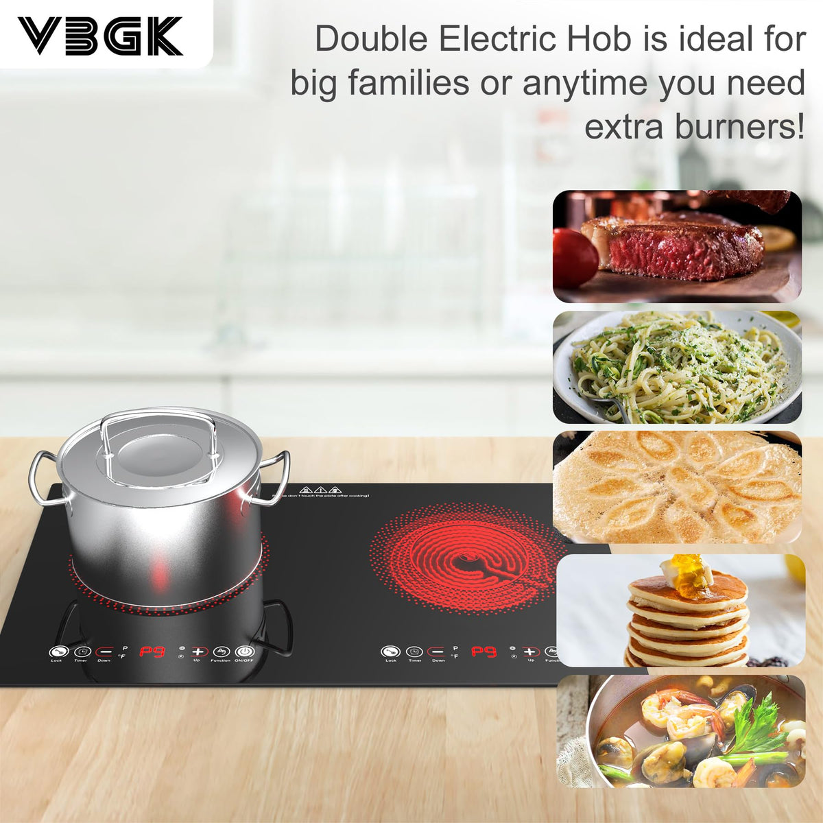 VBGK Double Induction Hob,220V 3600W 2 Ring Induction Hob with Knob Control,9 Power Levels, Kids Lock & Timer,LED Touch Control,Overheat Protection