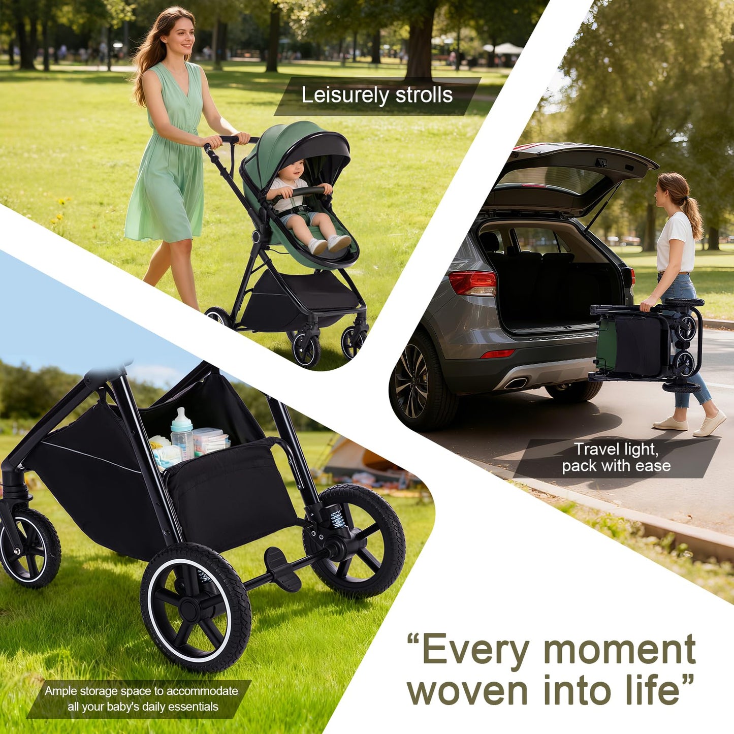 Zkipm Baby Pram 3 in 1, Foldable Baby Stroller,Pram Set Travel with Adjustable-Height Push Handle, Present Rain Cover, Mosquito Net, Bag, Cooling Mat, ect for Ages 0–3