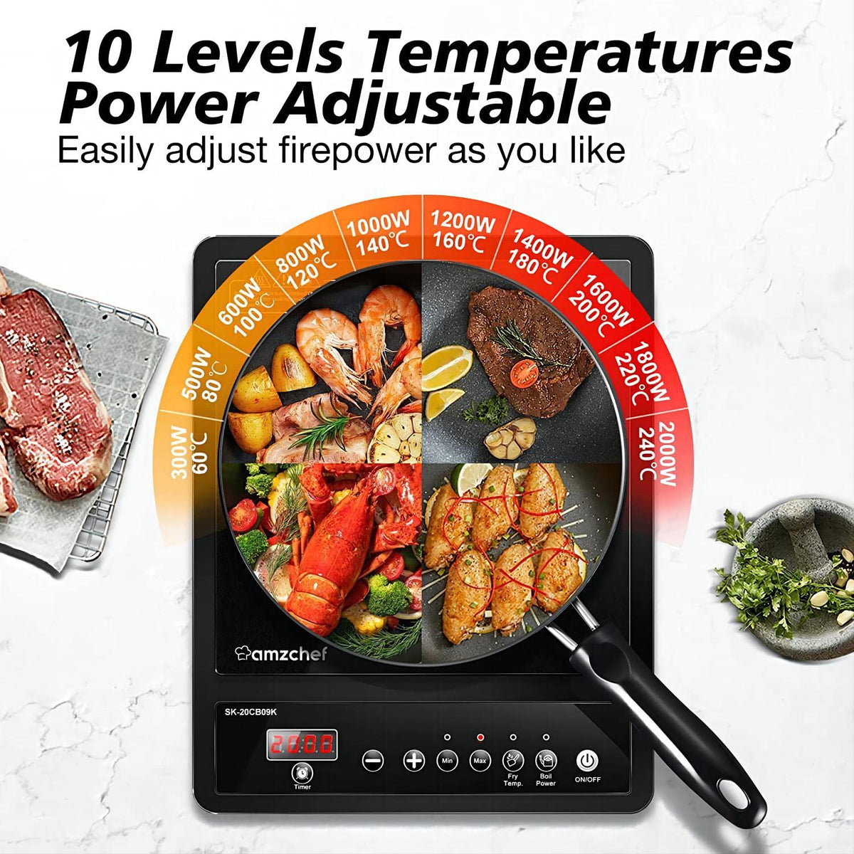 AMZCHEF Single Induction Cooker, Ultra-thin Induction Hob with Fashion Look, 20-level Power and Temperature Control, Black Frosted Glass Panel, Touch Sensor, 3-hour Timer, Safety Lock