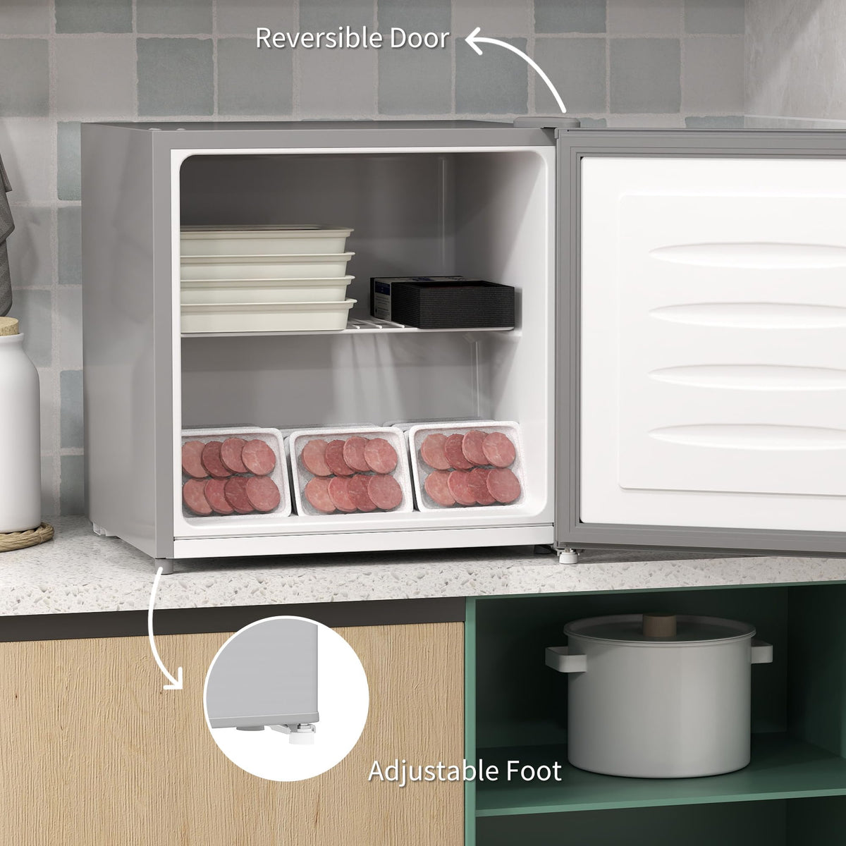 HOMCOM Tabletop Mini Freezer, 35L Capacity, Reversible Door, Silver Tone