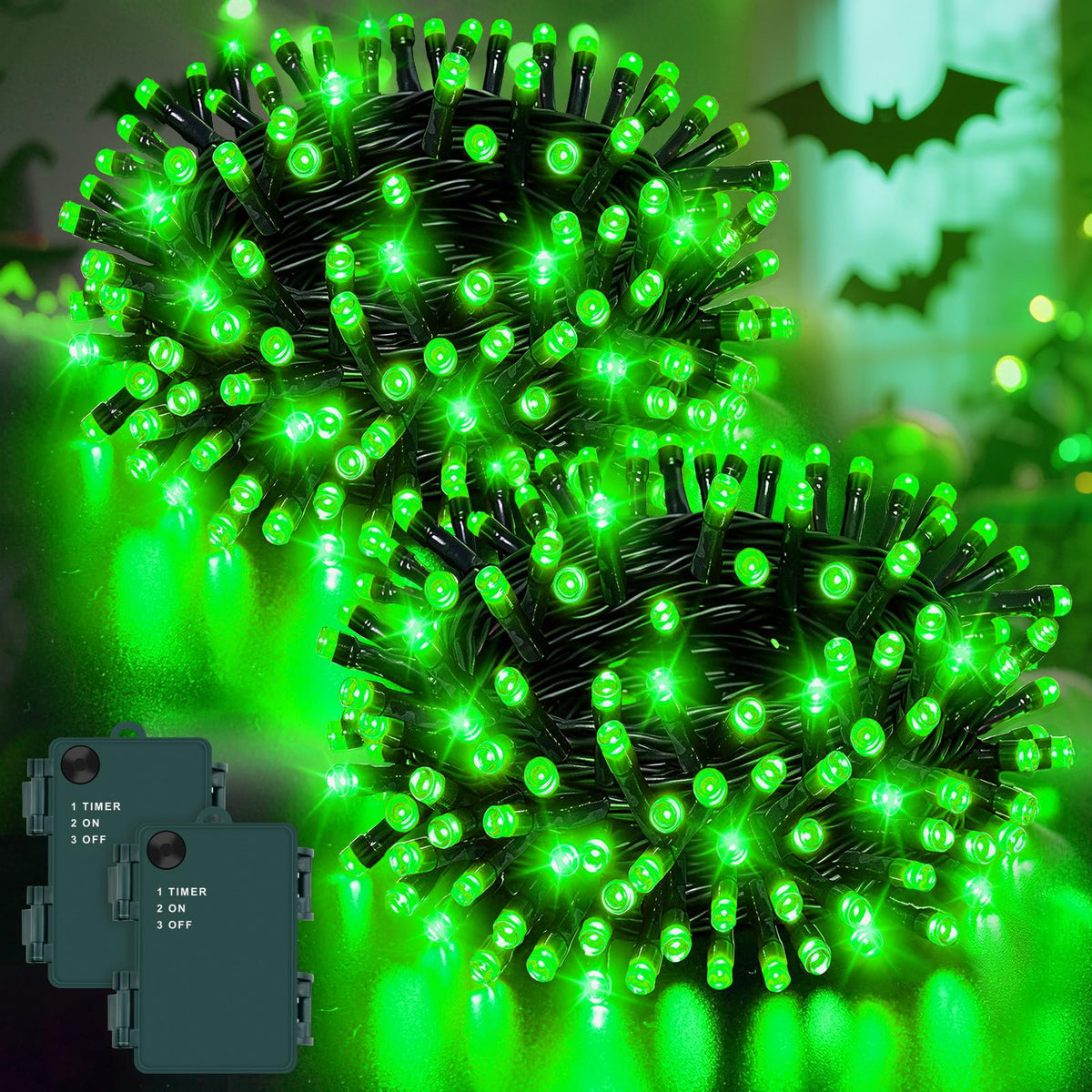Dalugo Halloween Decoration Lights, 5M 50 LED Orange Purple White Fairy Lights with Timer, IP65 Waterproof Battery Powered Lights for Indoor Outdoor Autumn Halloween Decorations(Green Wire)