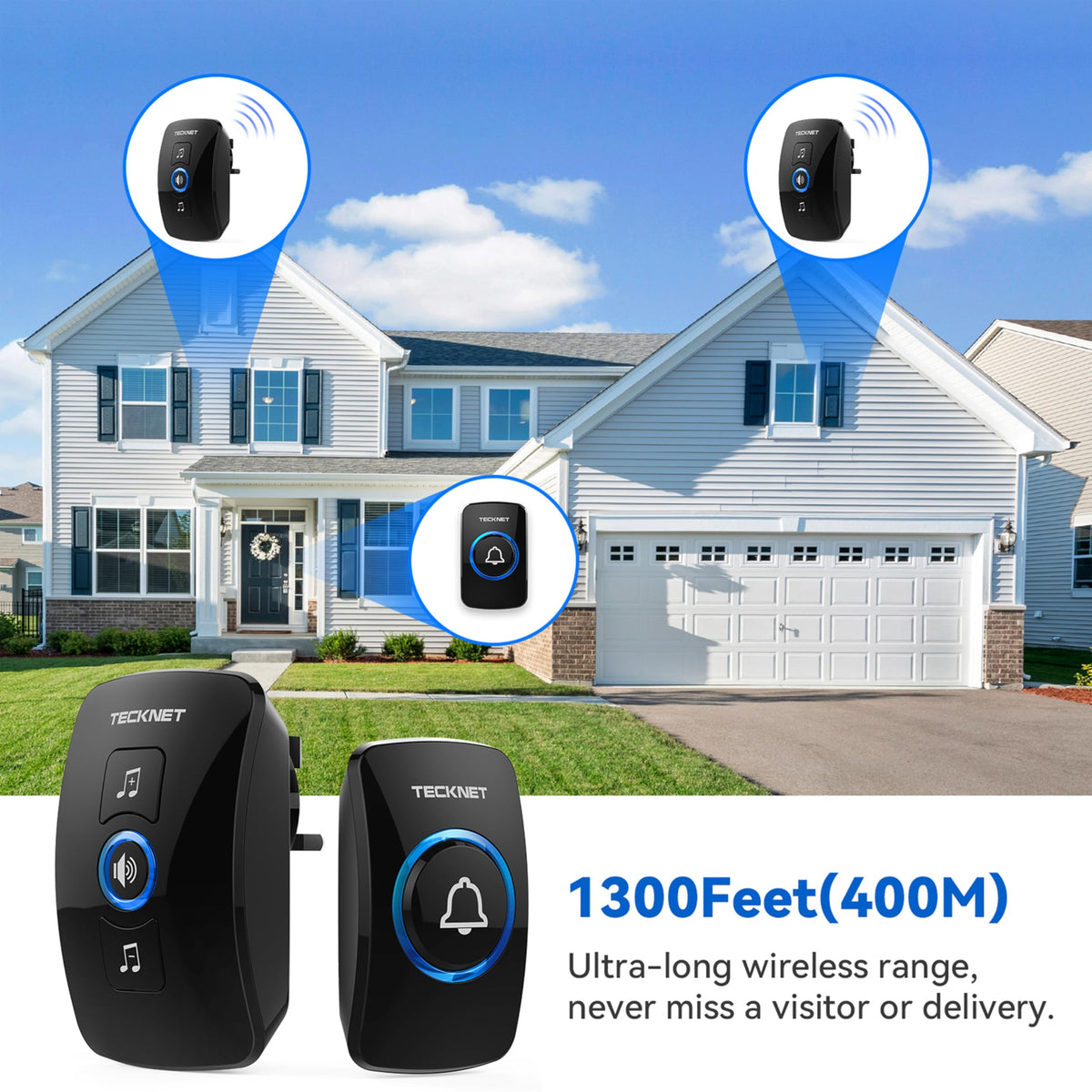 TECKNET Wireless Doorbell, Wall Plug-in Door Bells Wireless Cordless