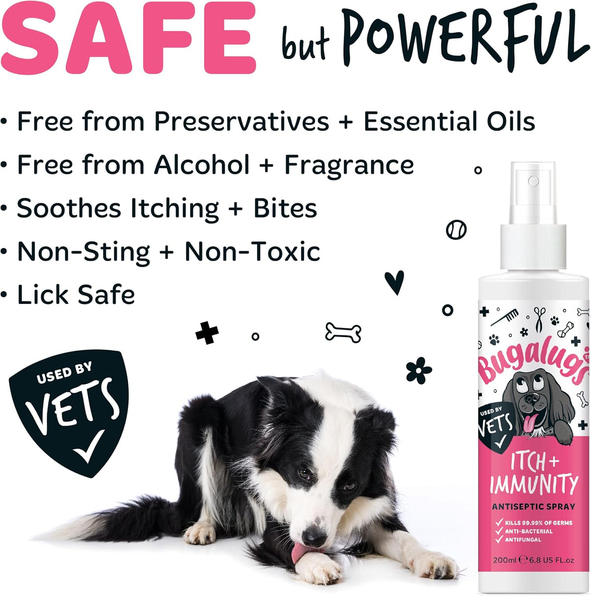 BUGALUGS Itch & Immunity Antiseptic Spray – Helps Soothe Itchy Skin, Paws, Ears - Licking, Scratching - Perfect for Small, Medium & Large Dogs