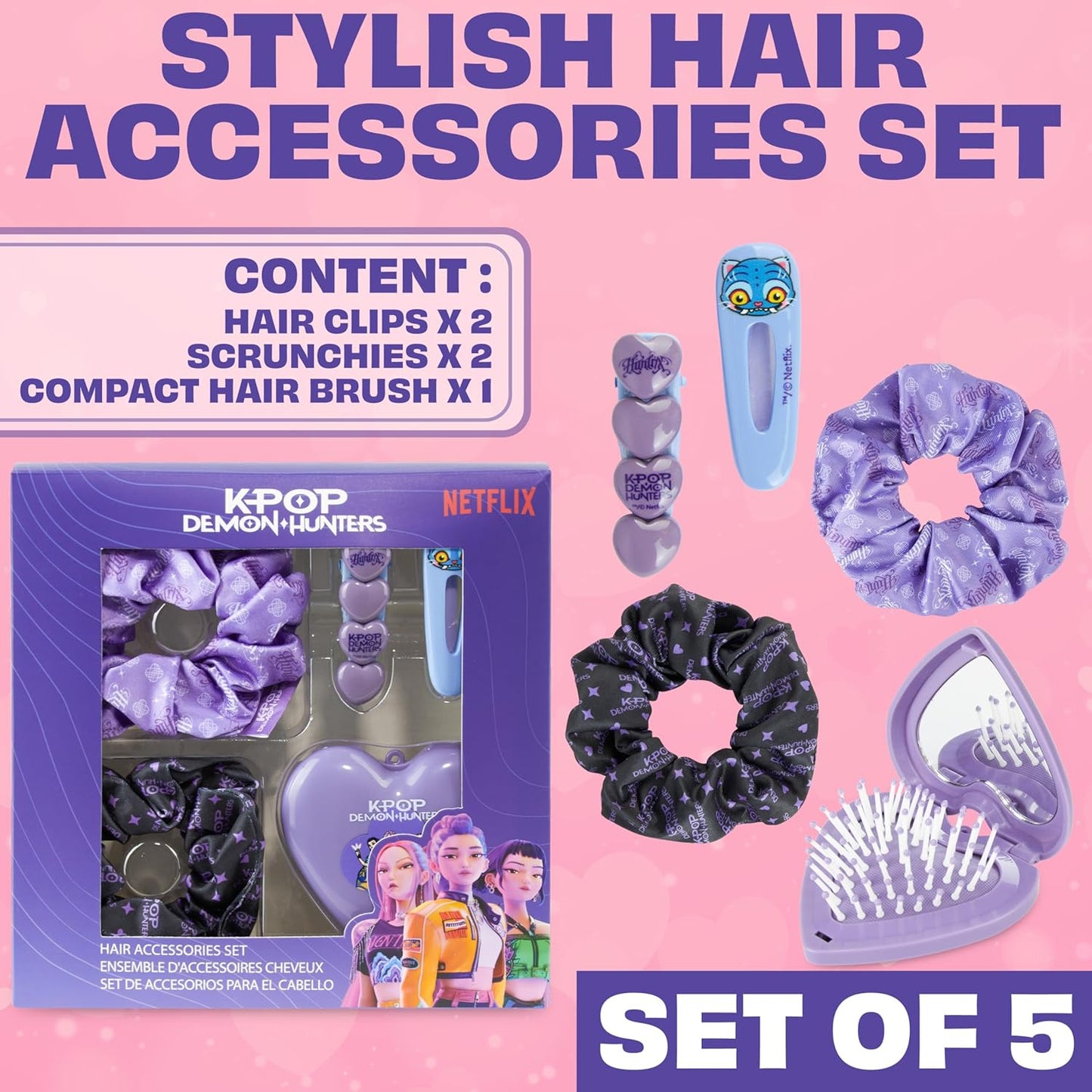 Get Trend Kpop Demon Hunters Huntrix Hair Accessories for Girls and Teens, 5 Piece Set with Hair Clips, Scrunchies & Foldable Hair Brush with Compact Mirror, For School, Outing and Travel, Kpop Gifts