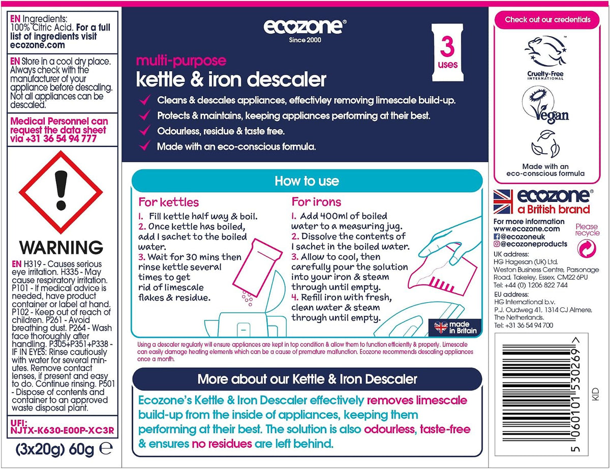 Ecozone Kettle & Iron Descaler | Easy Use Sachets | Powerful Limescale Removal