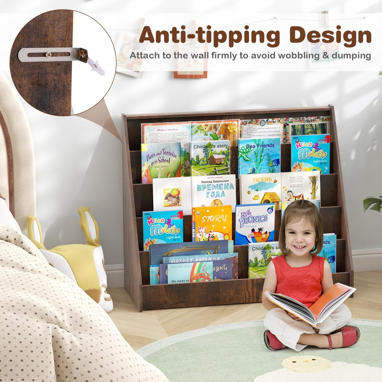 COSTWAY Wooden Kids Bookshelf, 5 Tier Children Bookcase with Deep Compartments, Back Storage Space, Front-Facing Books Display Rack for Playroom, Daycare, Kid’ Room (Rustic Brown)
