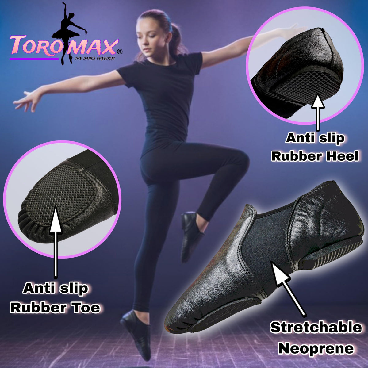 Slip On Jazz Dance Shoes - Black Leather - Modern Stage Rubber Heel Split Sole – Neoprene - Irish Dancing Pumps for Kids, Girls & Children