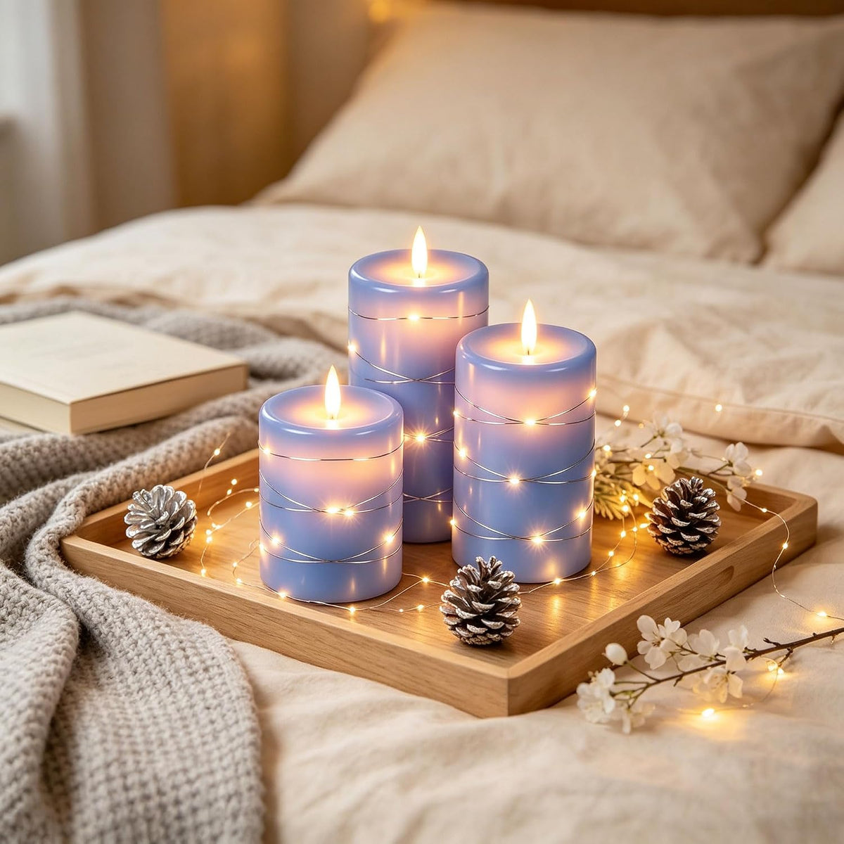 Da by 3 Pack Ivory Flameless LED Candles with Fairy Lights, Realistic Moving Flame Paraffin Wax Candles, Remote Control, Soft Warm Light, 8cm D x 12.5/14.5/16.5cm H, Indoor Wedding Home Decor
