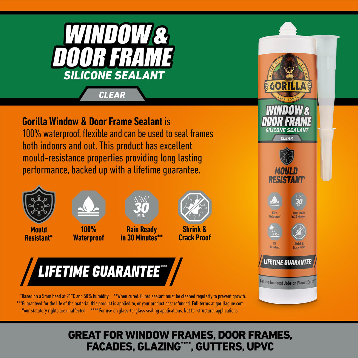 Gorilla Kitchen & Bathroom White Silicone Sealant, 295ml – Mould Resistant, 100% Waterproof Sealant, Shower Ready in 30 Minutes, Shrink & Crack Proof | Use on Showers, Baths, Sinks, Toilets & More