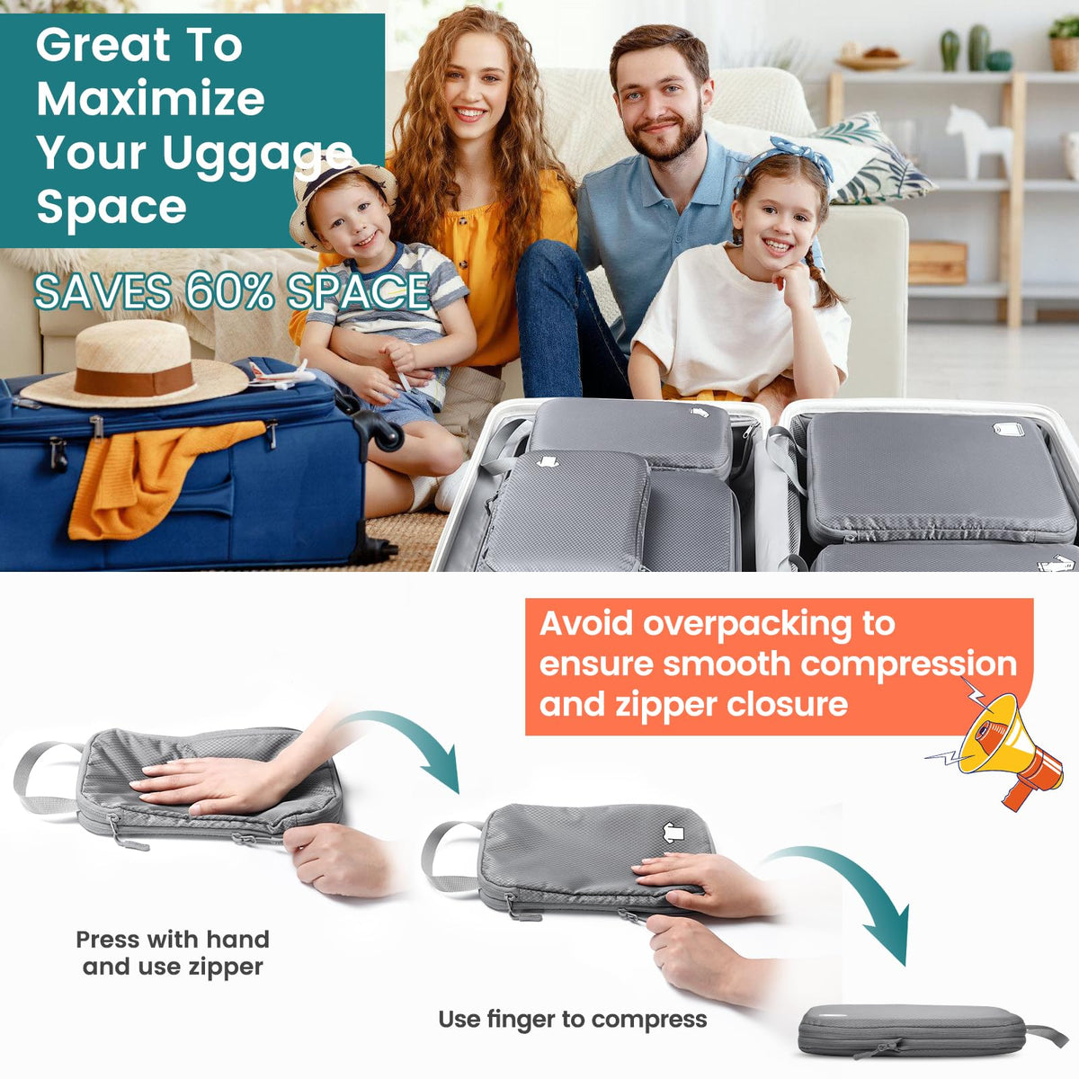 Samfolk Compression Packing Cubes for Suitcases Packing Cubes Compression Set Waterproof Suitcase Organiser Bags for Travel Suitcase Luggage Packing Organizer Bags Travel Essentials Black 8 Set