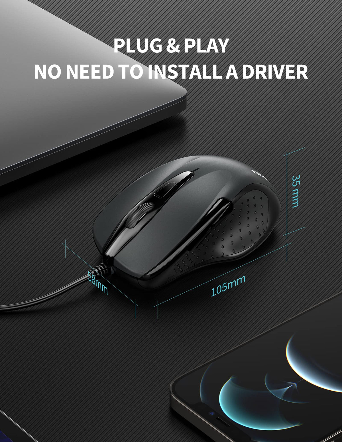 TECKNET USB Wired Mouse, 6400 DPI Mice 4 Adjustable DPI with 6-Button Corded, Optical Computer Mouse with Ergonomic Design for Laptop, Chromebook, PC, Desktop, Mac, Notebook
